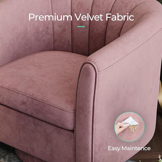 LINSY Swivel Accent Chair Ottoman Set: Velvet Small Barrel Chair with Foot Rest Modern Reading Chair Upholstered Armchair with Footrest for Living Room Bedroom Study Room Office (Pink)