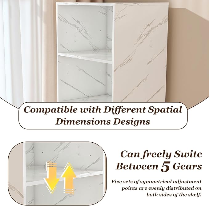 KEIKI Home Office Stretchable Desks with Storage Shelves and Mobile Wheels Modern Wood Foldable Desk Gaming Computer Corner Table for Apartments Work Study Writing White Marble