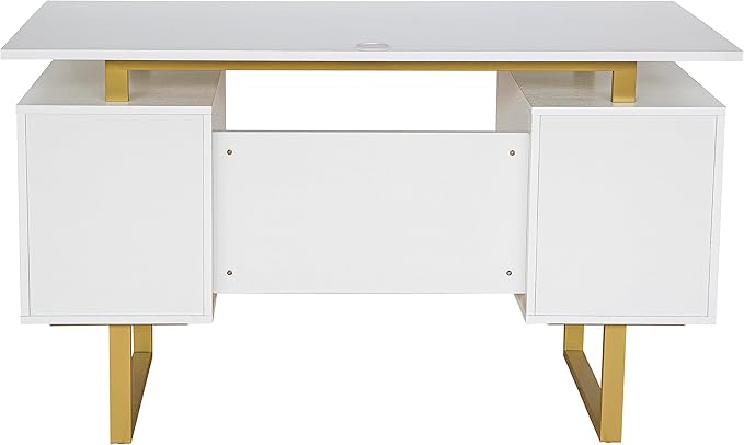 Techni Mobili Storage Drawers and Cabinet 51.25” W-Modern Office Large Floating Desktop Surface Desk 23.6 D x 51.2 W x 29.8 H White/Gold