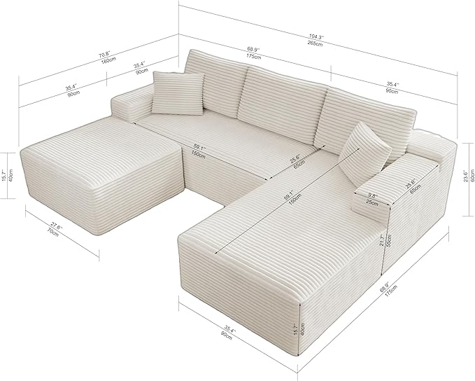 3-Piece Boneless Modular Sectional Sofa Cloud Couch Right Facing Chaise with Ottoman Oversized Deep Seat Soft Corduroy Fabric Sectional Couch for Living Room-White