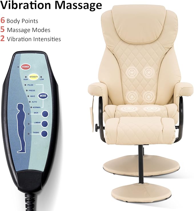 MCombo Recliner with Ottoman Reclining Chair with Massage 360 Swivel Living Room Chair Faux Leather 4901 (Cream White)