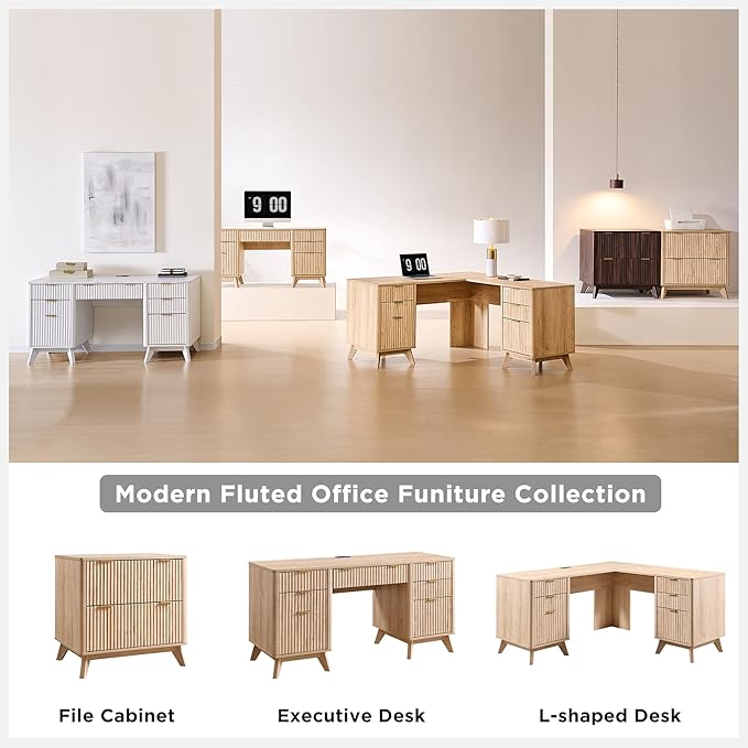 T4TREAM 60'' Fluted Executive Desk with Drawers Modern Home Office Computer Desk with Charging Station Keyboard Tray File Drawer and Storage Cabinet for Study Living Room Bedroom Natural Oak