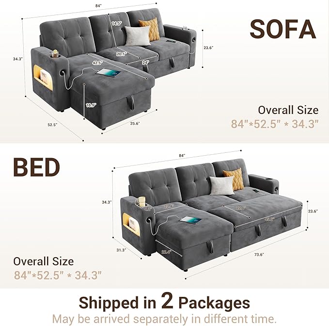 IDEALHOUSE 84 Sleeper Sofa with Storage &amp Charging Station Convertible Sectional Couch Bed with LED Lights Reversible Chaise Pull Out Sofa Bed for Living Room Apartment Velvet Dark Grey