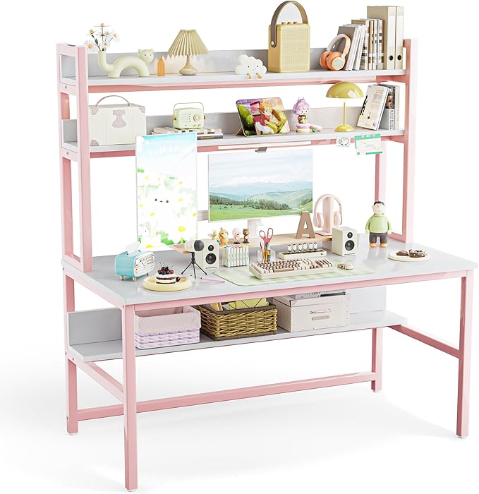 Aquzee Pink Desk with Hutch for Girls 55in Computer Desk with Bookshelf for Teens Adults Craft Table for Bedroom Kids Room White Pink Study Table with Shelves for Storage