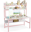 Aquzee Pink Desk with Hutch for Girls 55in Computer Desk with Bookshelf for Teens Adults Craft Table for Bedroom Kids Room White Pink Study Table with Shelves for Storage