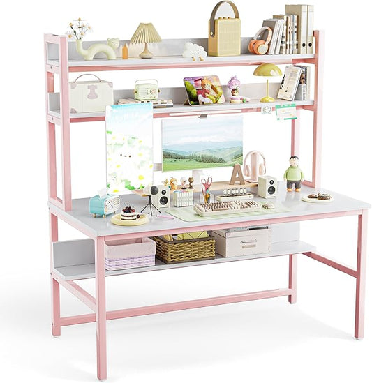 Aquzee Pink Desk with Hutch for Girls 55in Computer Desk with Bookshelf for Teens Adults Craft Table for Bedroom Kids Room White Pink Study Table with Shelves for Storage