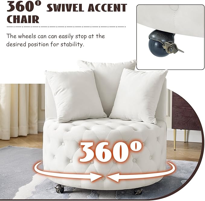 360° Swivel Barrel Chair Set of 2 30W Modern Velvet Upholstered Round Accent Chair with Button Tufted Design &amp 4 Movable Wheels Comfy Small Armchair for Living Room Bedroom Sillas Para Sala Bei