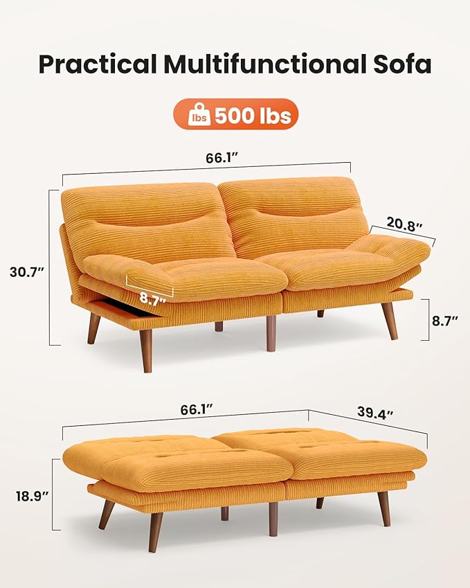 Amada 66 Convertible Futon Sofa Bed Corduroy Folding Futon Set with Adjustable Backrest &ampArmrests Recliner Lounge for Living Room Apartment or Office Solid Wood Frame Loveseat Sofa - Orange