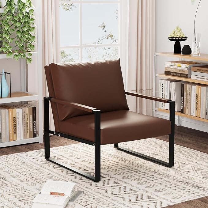 Recaceik Modern Accent Chair Set of 2 Arm Chairs Faux PU Leather Single Large Upholstered Sofa ChairErgonomic Lounge Living Room Chair for Bedroom Waiting Room Office Apartment Small SpaceBrown