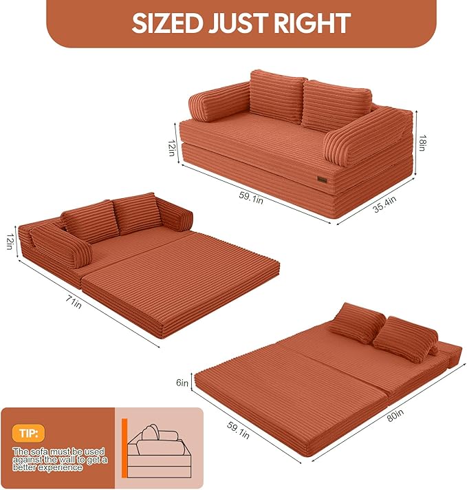MeMoreCool Convertible Sofa Bed Folding Floor Couch Bed Queen Pull Out Sleeper Couch with Pillows Fold Out Futon Sofa for Bedroom Living Room Small Space Corduroy Orange