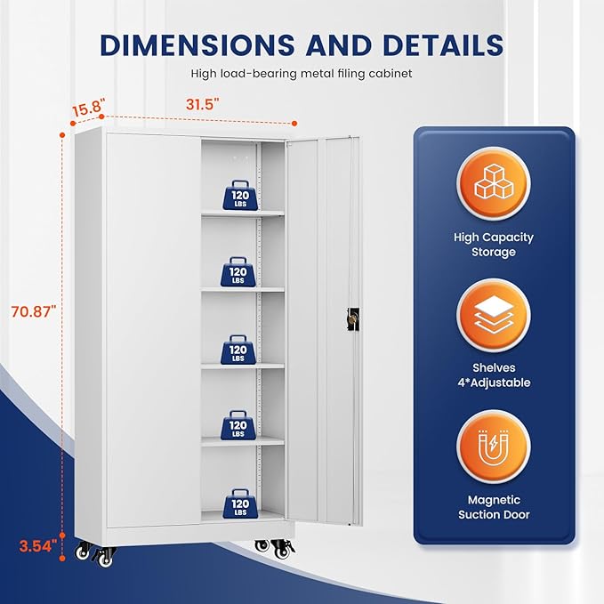 Yizosh Metal Garage Storage Cabinet with Locking Doors and Adjustable Shelves- 75 Rolling Steel Tool Cabinet for Home OfficeGarageWarehouse