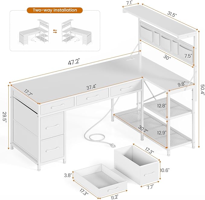 SEDETA Corner Computer Desk Reversible L Shaped Computer Desk with Fabric Drawers and Power Outlet 47.2” Gaming Desk with LED Lights Storage Shelves and Hutch White