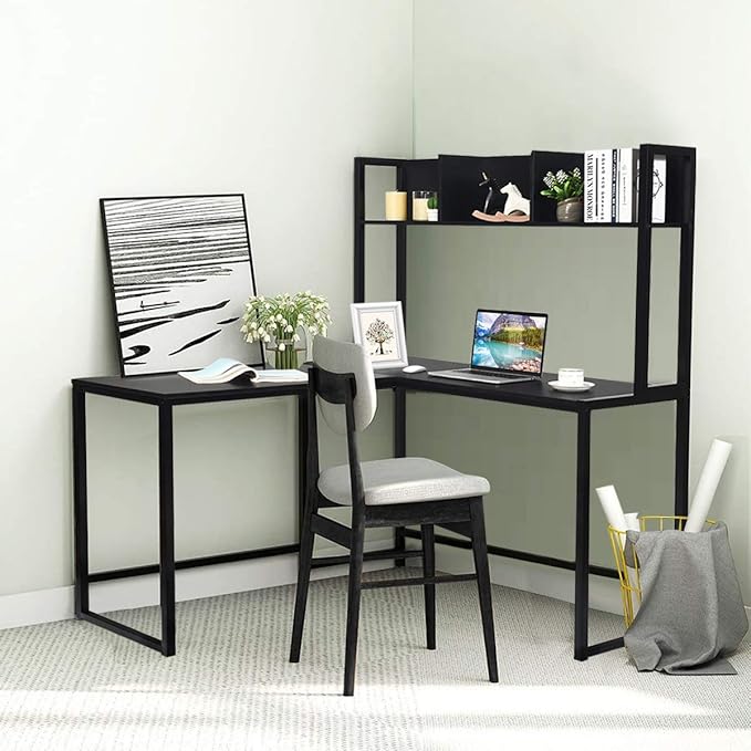 Tangkula Reversible L-Shaped Desk with Hutch Space Saving Corner Computer Desk with Storage Shelves Home Office Study Writing Desk Computer Workstation with Storage Bookshelf Gaming Desk