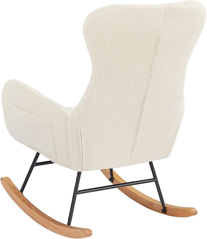Modern Teddy Fabric Accent Rocking Chair Nursery Upholstered Rocker Glider Chair with High Backrest and Side Pockets for Living Room .(Cream White Teddy Fabric)