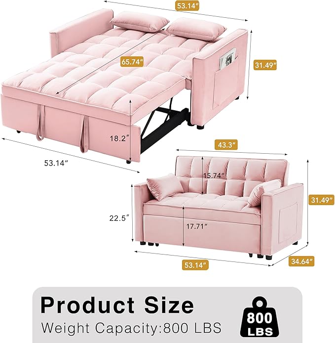 Wakefit 3 in 1 Convertible Sleeper Sofa Bed Futon Couches for Living Room with Side Pocket | Adjustable Backrest| Velvet Fabric | Pull Out Couch | Recliner Loveseat | Sectional Sofa Pink