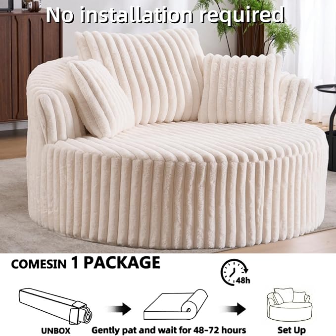 Oversized Upholstered Chaise Lounge Chair Indoor Corduroy Deep Seat Accent Chair Plush Boneless Barrel Sofa Chair for Living Room Bedroom Apartment (Beige 57 Inch)