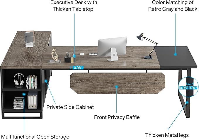 Tribesigns 70.8 Executive Desk with 55 File Cabinet Industrial L Shaped Computer Desk with Storage Shelves and Cabinet Large L Shaped Executive Desk for Home Office Retro Gray &amp Black