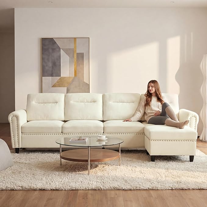 ABET 106 Inch Modular L-Shaped Sectional Couch with Ottoman 4 Deep Seat Convertible Sofa with Ottoman Nailhead Decor Comfy Upholstered Cushion for Living Room Bedroom Apartment Off-White-Beige