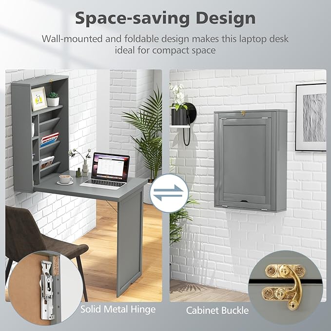 GOFLAME Wall Mounted Folding Desk with 3-Tier Tilt Storage Partition and Adjustable Shelves Space-Saving Convertible Writing Desk for Home Office Gray