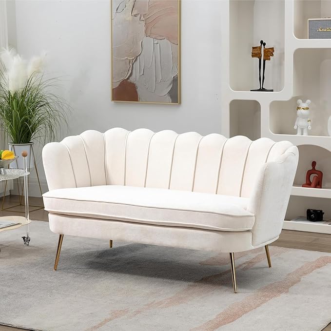 Anwick 59 Small Modern Chenille Loveseat Sofa 2-Seater Sofa with Gold Metal Legs Small Couch with Flower Shaped Back for Living Room Bedroom Office (Beige)