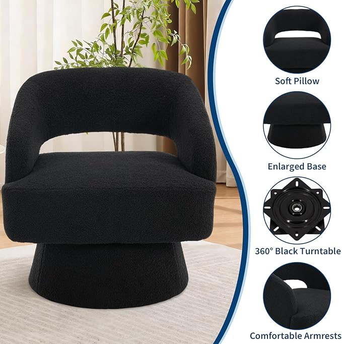 Comfy Swivel Barrel Chair for Living Room - Modern Upholstered Accent Chair with Teddy Fleece Hollowed Back &amp 360° Swivel Base Small Round Chair for Bedroom Reading Nook Office Black