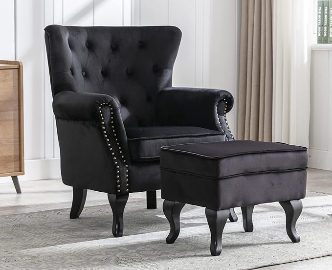 Kmax Velvet Club Chair Tufted Throne Mid Century Accent Wingback Chair with Ottoman Padded Seating Wood Legs Home Club Bedroom Living Room Black