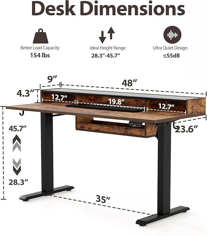 Agilestic Glass Standing Desk with Storage 48 Inch Electric Adjustable Desk with Glass Shelf and Cable Management Sit Stand Up Home Office Computer Table Splice Board Rustic Brown