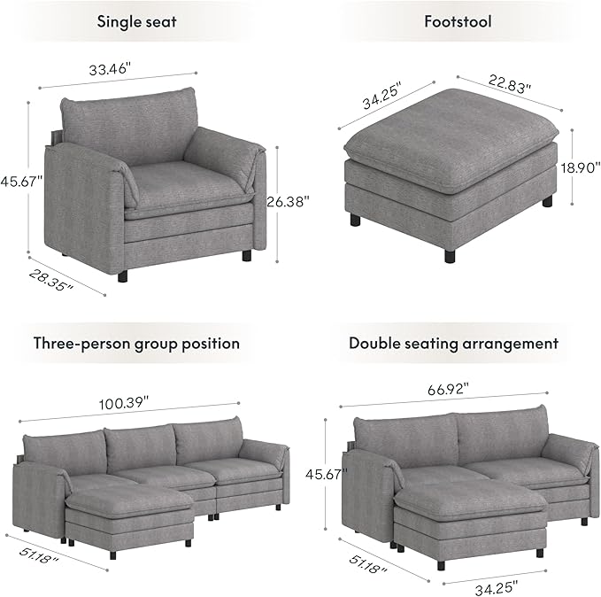 FLEXISPOT SF6 Cloud Sectional Couch for Living Room with Reversible Ottoman 100.4 L-Shaped Modular Sectional Sofa with Storage 3-Seater Comfy Sofa Couch for Apartment Chenille Gray