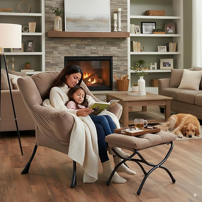 LITA Lazy Chair with Ottoman Modern Accent Leisure Upholstered Sofa Chair Contemporary Lounge Reading Chairs with Armrests and a Side Pocket for Living Room Bedroom &amp Small Space Dark Brown