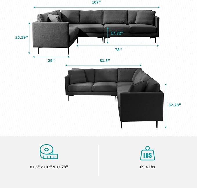 BALUS 107 W Sectional L Shaped Sofa Couch Set for Living Room Convertible Oversized 5-Seat Corner Sofa Sets with 2 Pillows Modern Linen Sofas with Metal Legs for Living Room Apartment - Dark Grey