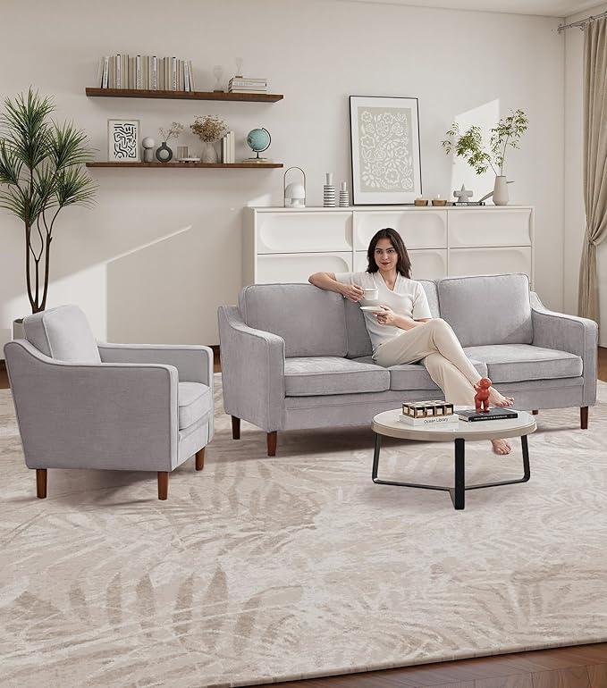 Kingfun Accent Chair Living Room Chairs Mid Century Reading Armchair Chenille with Solid Wood Foot Upholstered Modern Decor for Bedroom Apartment Silver Gray