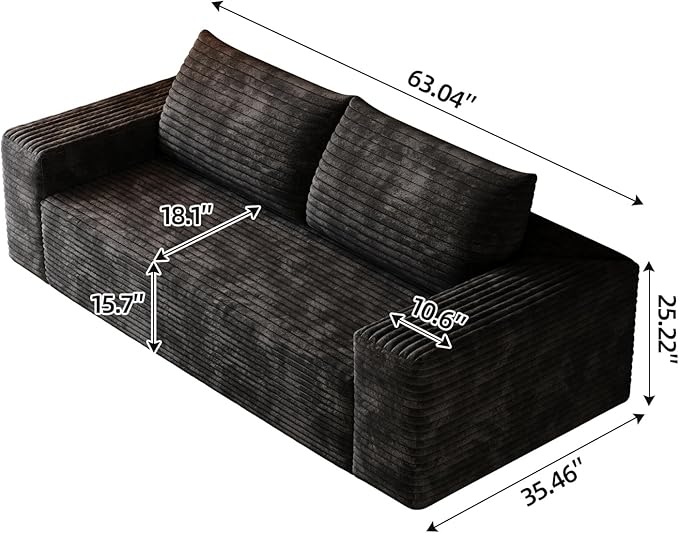 63 Loveseat Sofa in a BoxPlush Corduroy Fabric Deep Seat CouchNo Assembly RequiredSpace-Saving DesignComfy Seater Sofa for Living Room Apartment Bedroom &amp OfficeModernBlack