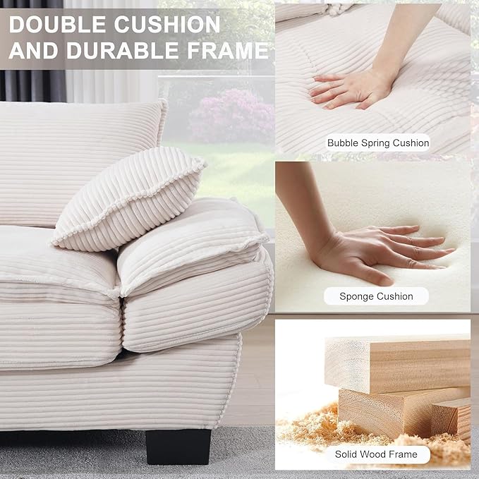 90 Oversized Loveseat Sofa Modern Corduroy Loveseat Couch Comfy Deep Seat Upholstered Sectional Sofa with Pillows for Living Room Bedroom Apartment (Beige)