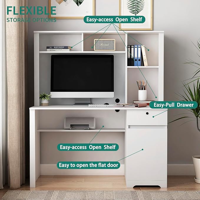 White Wood Executive Desk Teens Student Desk Writing Laptop Home Office Desk with Drawers3 AC Outlets and 2 USB Charging Ports