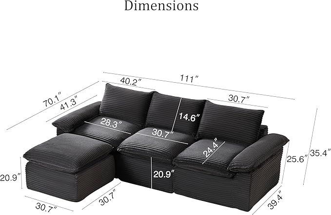 DEINPPA L Shape Modular Couch with Ottoman 4 Seat Cloud Sofa with Deep Seat for Living Room Apartment Corduroy Upholstered Comfy Couch-Dark Gray