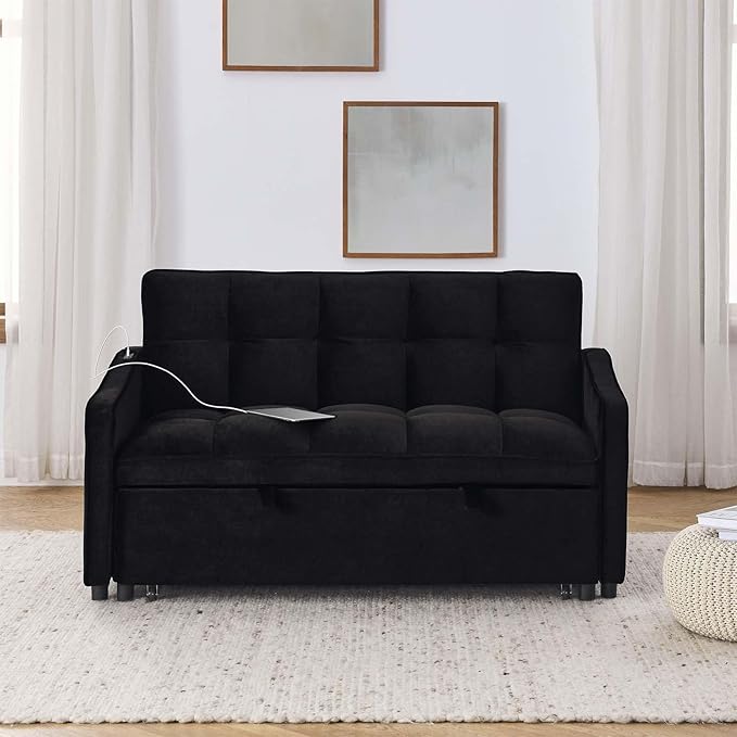 Sleeper Sofa Couch with Type C USB Port 3 in 1 Modern Velvet Convertible Loveseat Sofa w/Pull Out Bed Curved Armrest for Small Space Livingroom Apartment Office Black