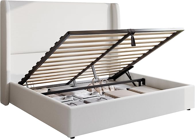 AMERLIFE Lift Up Storage Bed Queen Size Linen Upholstered Platform Bed Frame Hydraulic Storage No Box Spring Needed White