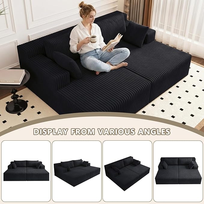 70.8 Oversized Boneless Double Chaise Lounge Chair Indoor Upholstered Corduroy Cloud Chaise Lounges with 4 Pillows Modern Deep Seat Loveseat Sleeper Sofa for Living Room Bedroom Apartment Black