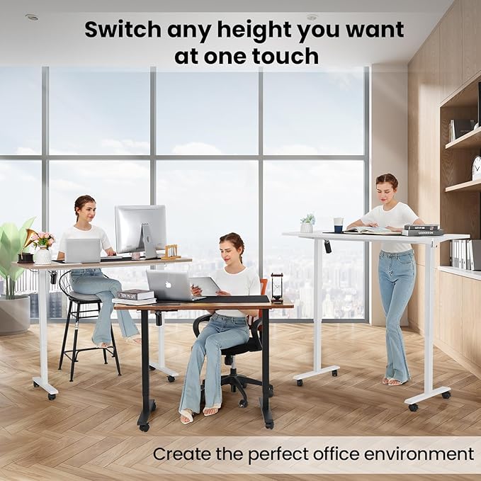 farexon Electric Standing Desk Adjustable Height 55 x 24 Inch Sit Stand up Desk with Large Mouse Pad 2 Metal Hook4 Wheels4 Memory Preset Heights Home Office Computer Desk（Brown）