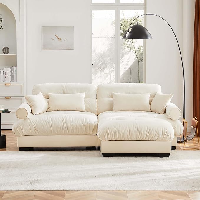 94 Modular Sectional SofaVelvet Upholstered Couches for Living Room3 Seater Beige Sofa Couch with Movable OttomanBig Comfy Loveseat Sofa with Deep Seats for Living RoomApartmentBedroom