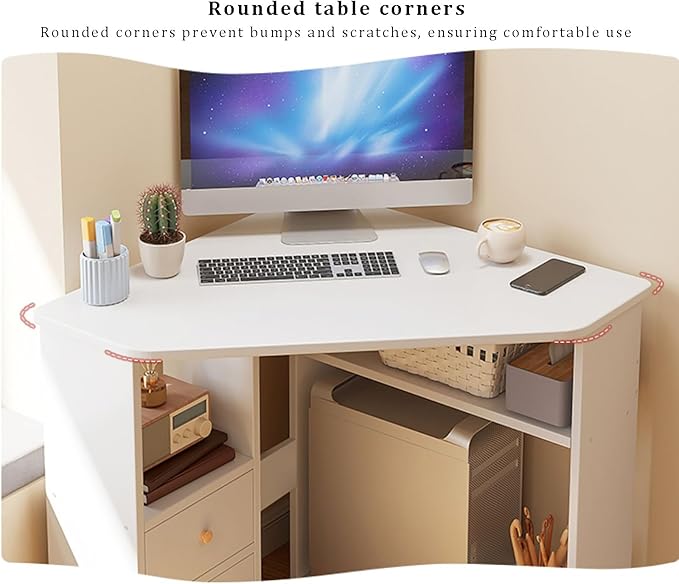 Corner Home Office Desk with Storage Shelves Triangular Computer Desk Workstation Makeup Vanity Desk with Spacious Desktop Space Saving Gaming Table for Study(57x57x74cm(22x22x29) Wood)