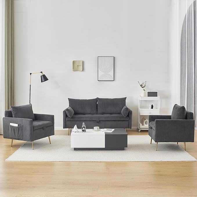 Furnimart 3-Piece Storage Sofa and Couch Set Corduroy Loveseat with 2pc Accent Single Chairs Small Living Room Furniture Set for Apartment Tiny Homes and Lofts 3PC-Gray