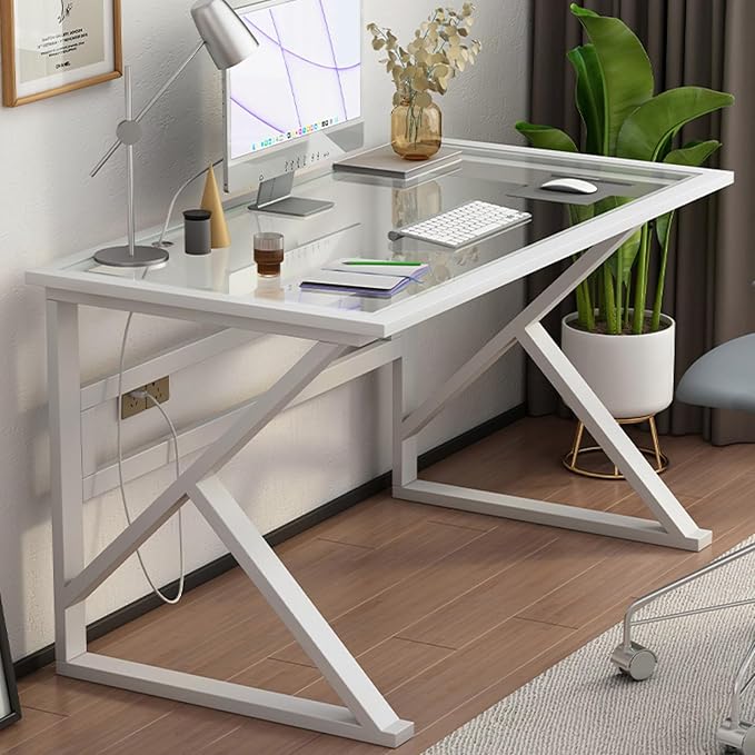 Modern Home Office Desk Tempered Glass Desk with Metal Frame and Clear Glass Tabletop Small Computer Desk for Home Office(47 Inch White)