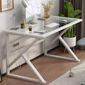 Modern Home Office Desk Tempered Glass Desk with Metal Frame and Clear Glass Tabletop Small Computer Desk for Home Office(47 Inch White)
