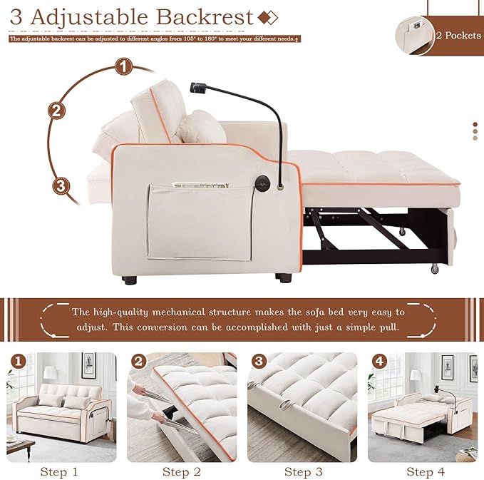 Pull Out Sofa Bed with Phone Holder Convertible Velvet Loveseat Sleeper with 2 USB Charging Ports Modern Futon Couch with Cup Holders and Adjustable Backrest Small Love Seat for Living Room Beige