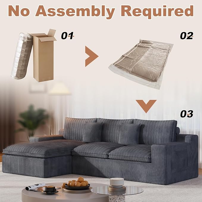 108 Cloud Modular Sectional Couch with Deep Seat L-Shape Boneless Sofa with Oversized Chaise Comfy Fluffy Couches for Living Room Convertible Layered Cushions Plush Corduroy Dark Grey