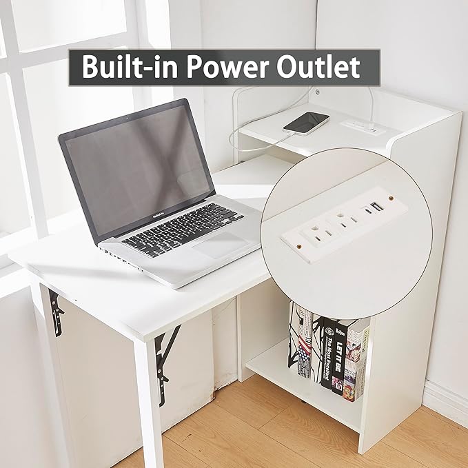 Fold Out Desk with Storage and Built-in Outlet Mid Century Foldable Desk for Small Spaces Hidden Folding Table for Home Office or Bedroom (White)