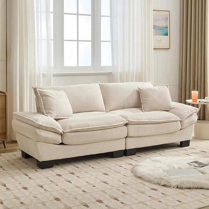 Modern 84 Corduroy Loveseat Sofa Ultra-Comfy Couch with 2 Pillows for Apartment Living Room Bedroom Home Office (Beige)