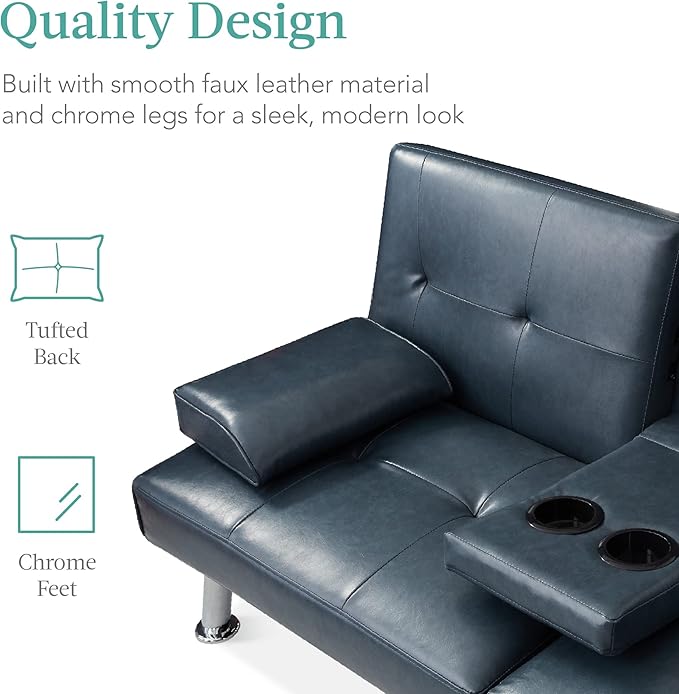 Best Choice Products Faux Leather Upholstered Modern Convertible Futon Adjustable Folding Sofa Bed Guest Bed w/Removable Armrests - Blue