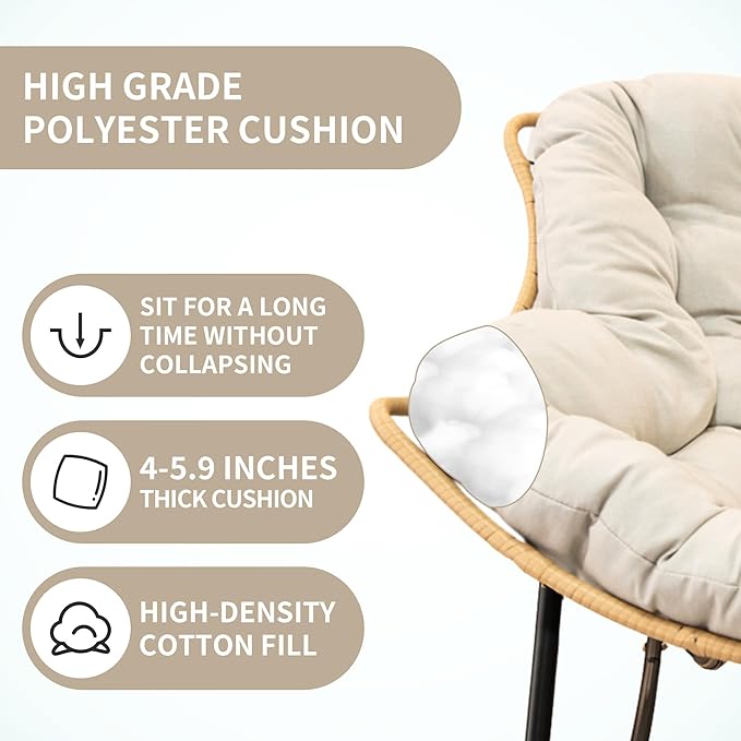 Outdoor Rocking Chair Patio Egg Rocking Chair Indoor Papasan Chair Rattan Wicker Lounge Chair Modern Royal Chair for Bedroom Living Room Porch GardenLawn-Beige (Beige)